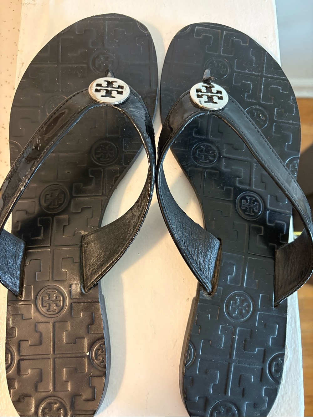 Tory Burch Black Patent Leather Logo Medallion Flip Flops